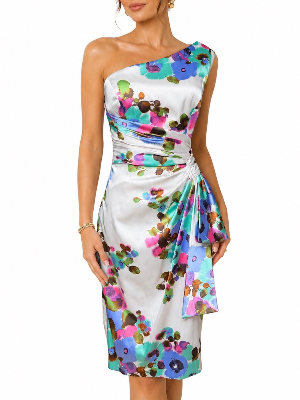 NWT Maggy London One Shoulder Watercolor Floral Ruched Satin Cocktail Dress S 4